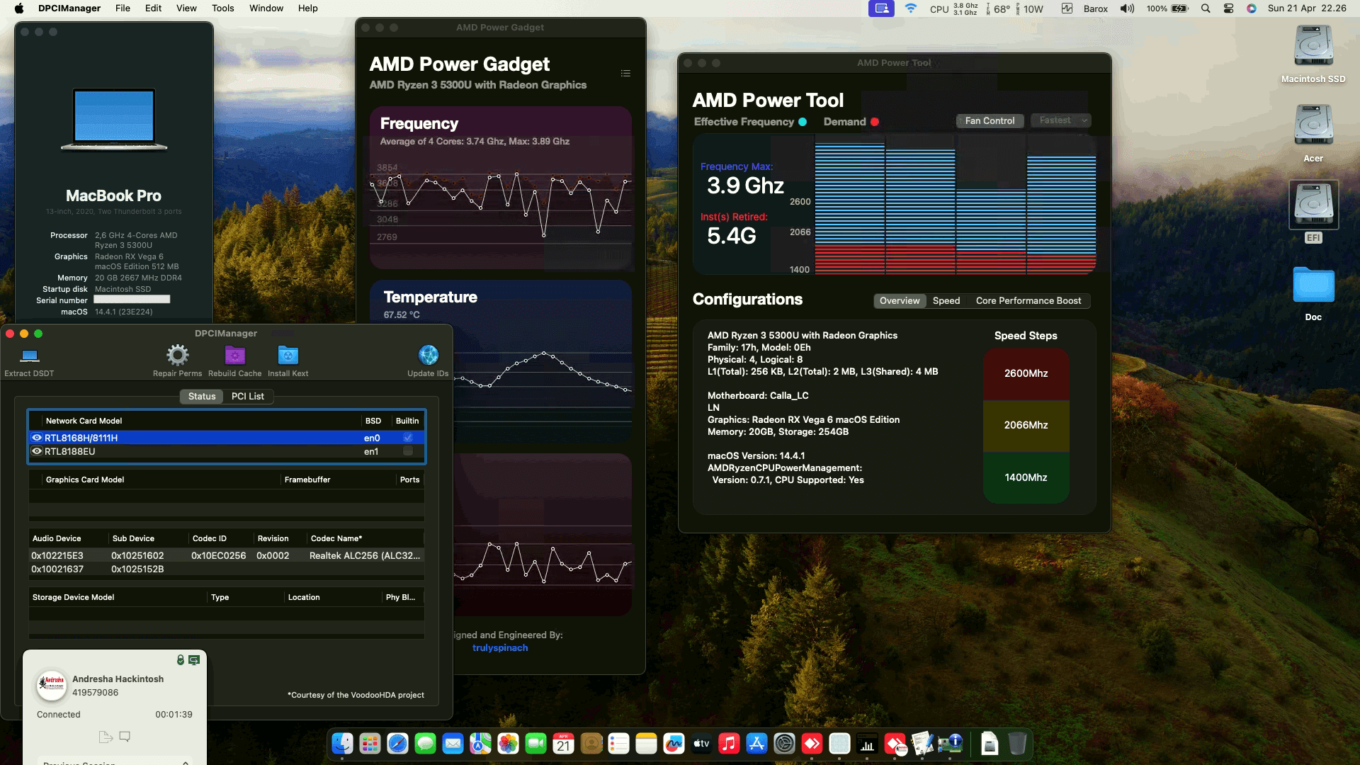 Success Hackintosh macOS Sonoma 14.4.1 Build 23E224 in Acer Aspire 5 A515-45-R0J0